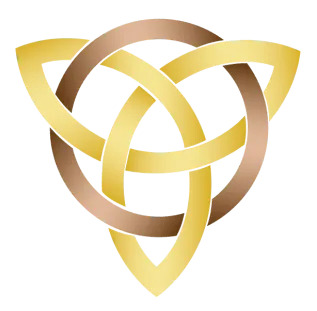 A gold triquetra with three rings around it.