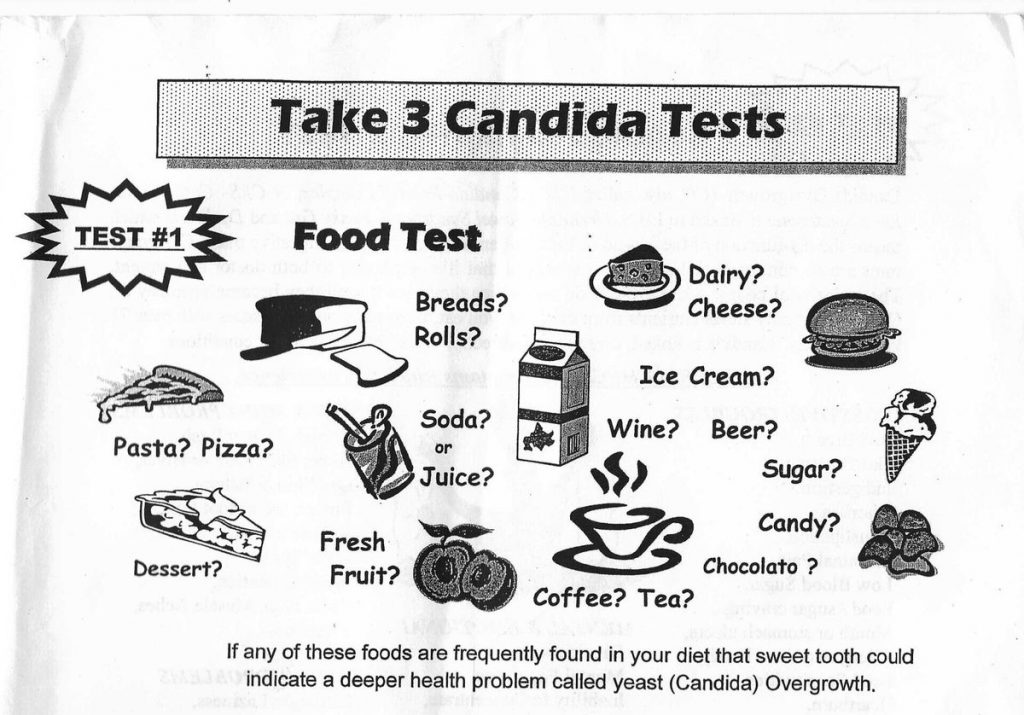 A black and white picture of food with the words " take 3 candida tests ".